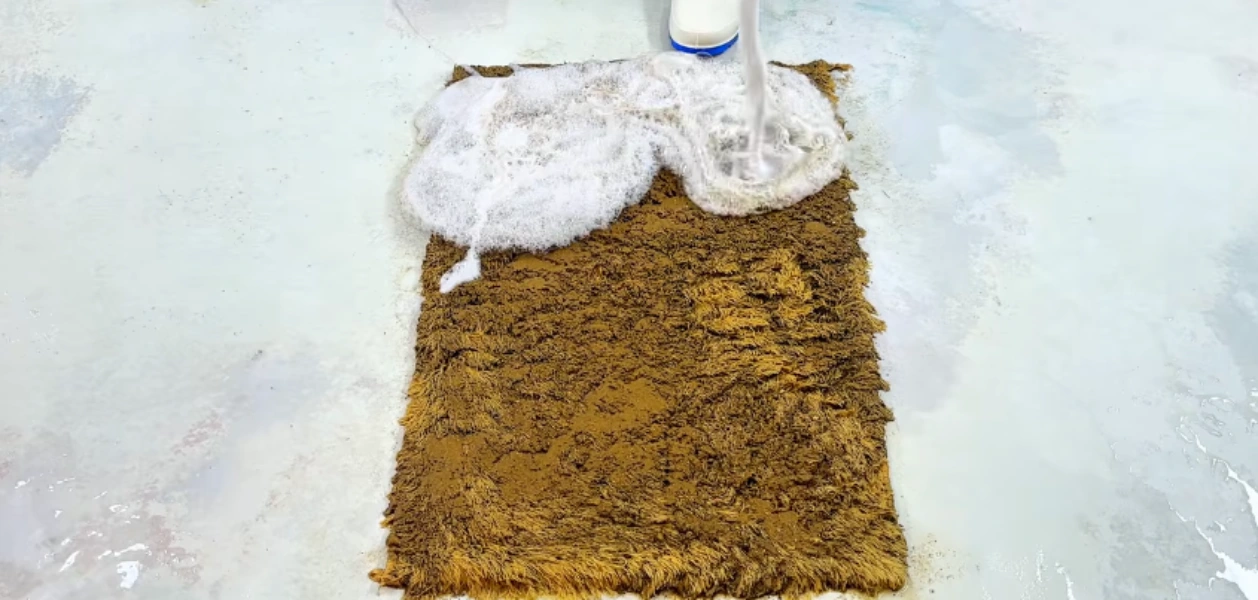 Area rug before professional cleaning in Medford, OR, showing embedded soil and dulled fibers